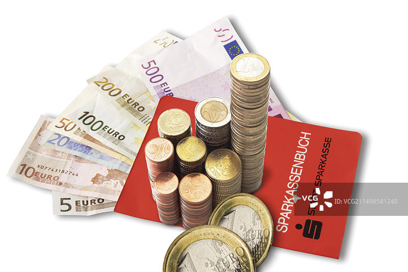 银行存折、欧元硬币和欧元纸币图片素材