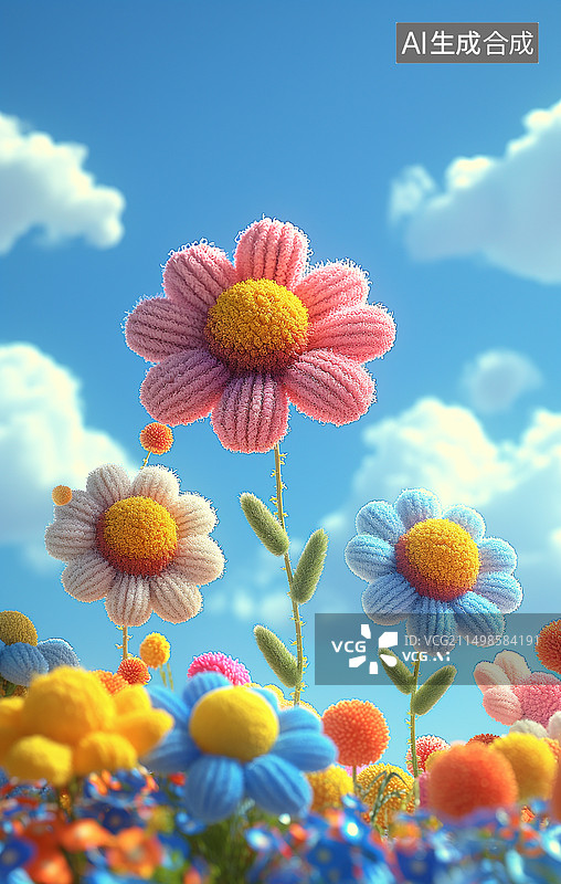【AI数字艺术】3d卡通针织膨胀毛绒花朵彩色c4d太阳花图片素材