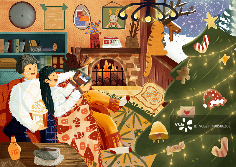 冬日居家情侣肌理风插画图片素材