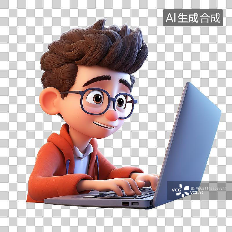 【AI数字艺术】卡通使用笔记本电脑的男程序员图片素材