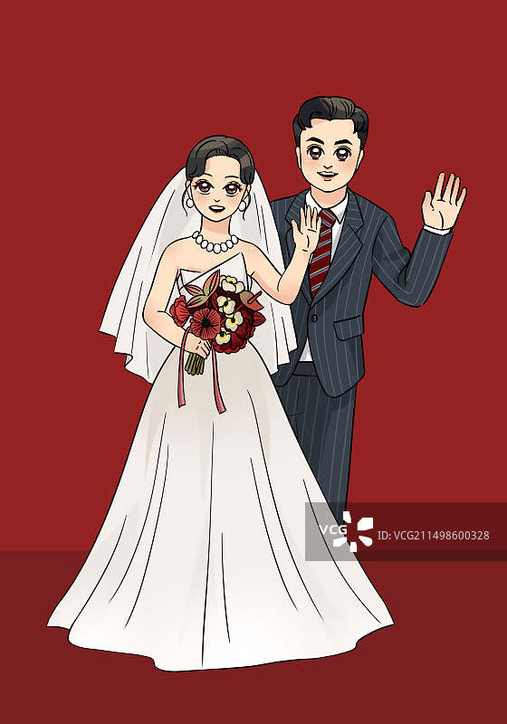 卡通红底漫画结婚照写真夫妻线条图片素材