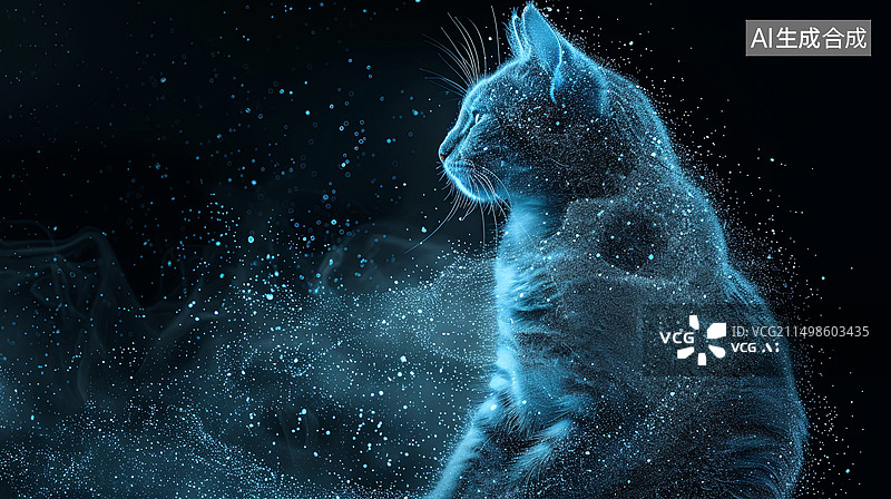 【AI数字艺术】蓝色发光概念图，黑色背景下的猫蓝色粒子光线图片素材