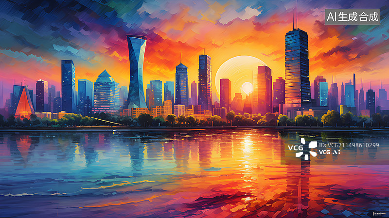 【AI数字艺术】城市天际线建筑金融区 杭州地标建筑写意插画图片素材