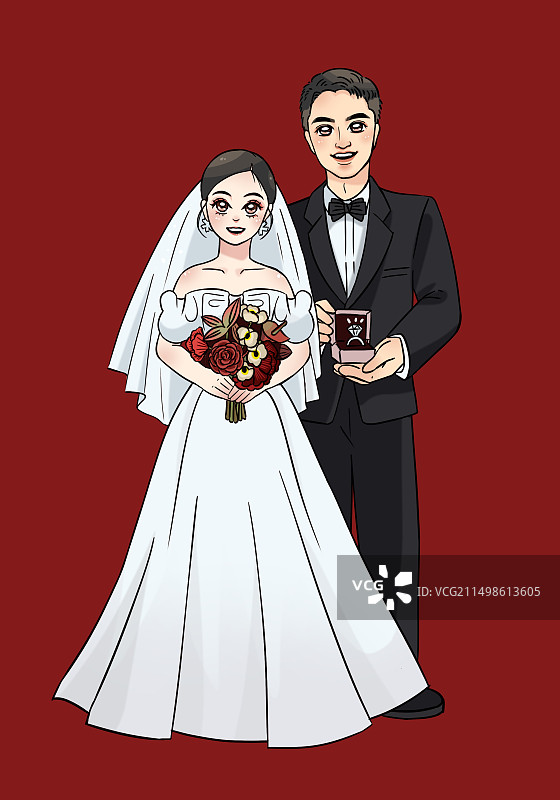 卡通红底漫画婚纱写真男女夫妻线条戒指捧花图片素材