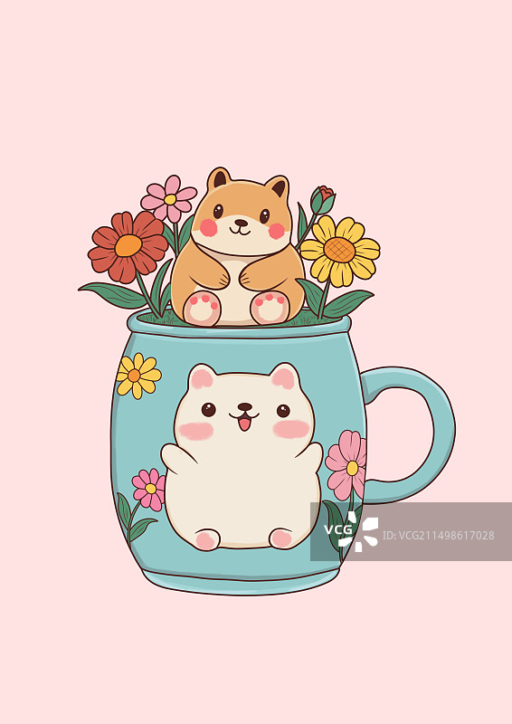 卡通图案小猫小熊复古马克杯Q版可爱动物咖啡杯花朵表情图案萌物印花插画童趣治愈图片素材