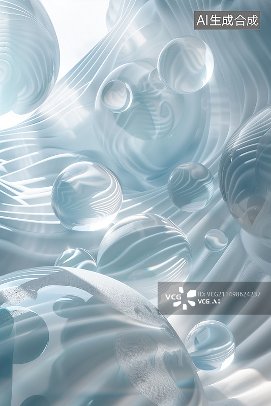 【AI数字艺术】科幻感蓝色透明有机材料圆球气泡3D插画背景图片素材