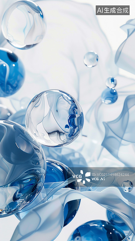 【AI数字艺术】科幻感蓝色透明有机材料圆球气泡3D插画背景图片素材