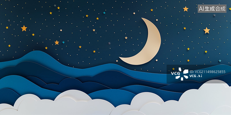 【AI数字艺术】剪纸月牙上弦月亮夜晚星空3D卡通纸雕插画图片素材