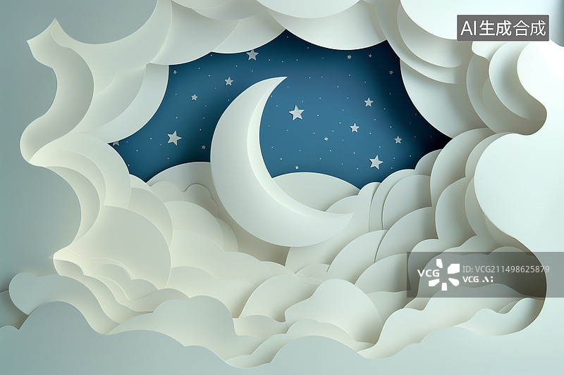 【AI数字艺术】剪纸月牙上弦月亮夜晚星空3D卡通纸雕插画图片素材