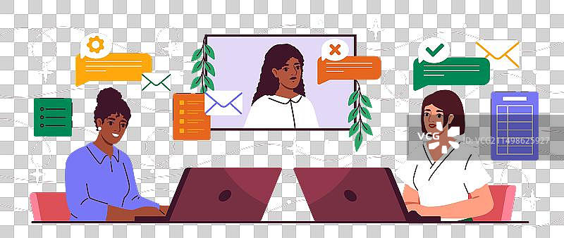 两个卡通女人正在进行视频通话图片素材