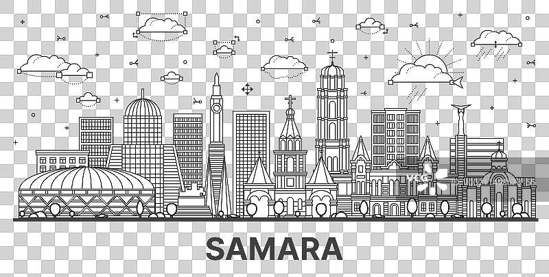 带有现代建筑的俄罗斯萨马拉城市天际线轮廓图片素材