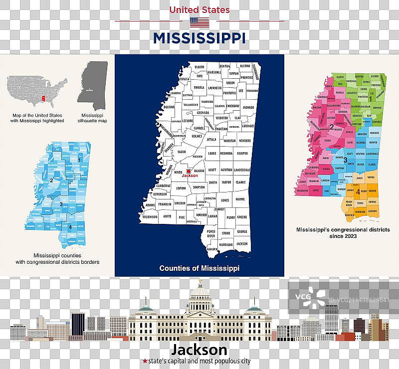 密西西比州各县地图和国会图片素材