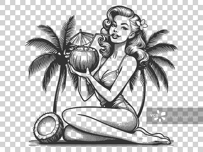 享受热带饮品的复古海报女郎图片素材