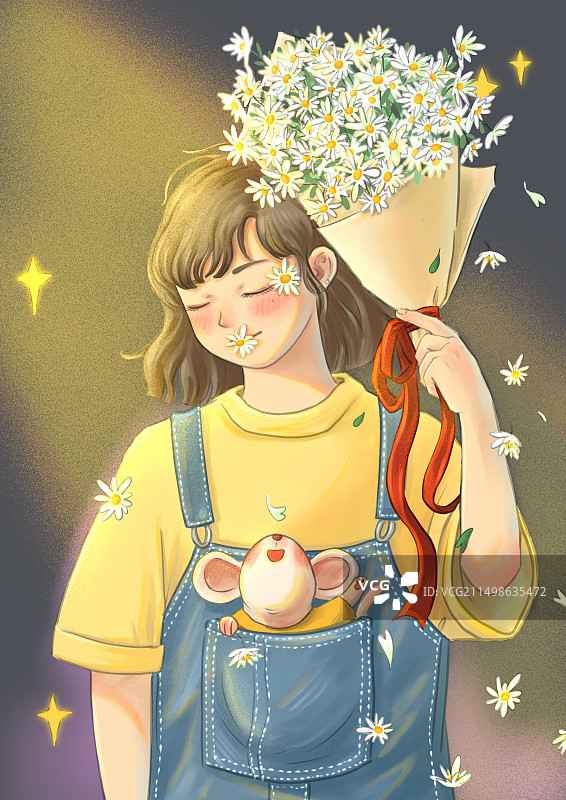 短发女生站在微光中，手里拿着一束小雏菊。图片素材