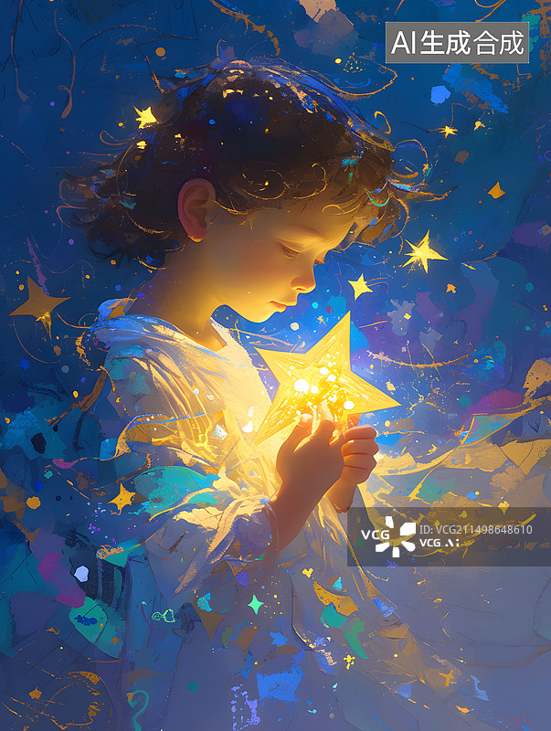 【AI数字艺术】捧着星星的女孩插画图片素材