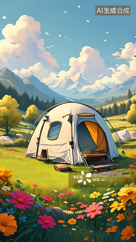 【AI数字艺术】春天户外露营插画图片素材