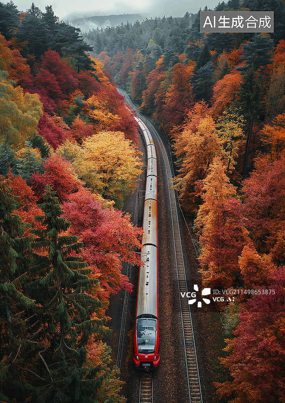 【AI数字艺术】一辆火车穿过茂密的森林图片素材