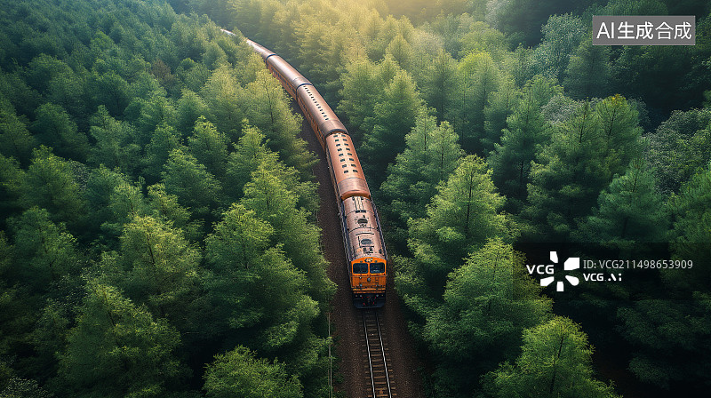 【AI数字艺术】一辆火车穿过茂密的森林图片素材