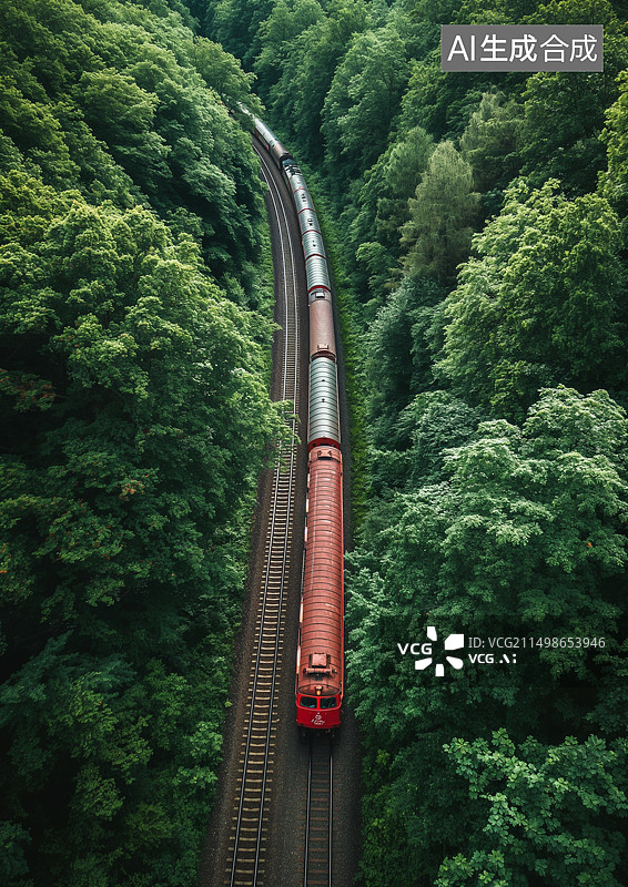 【AI数字艺术】一辆火车穿过茂密的森林图片素材
