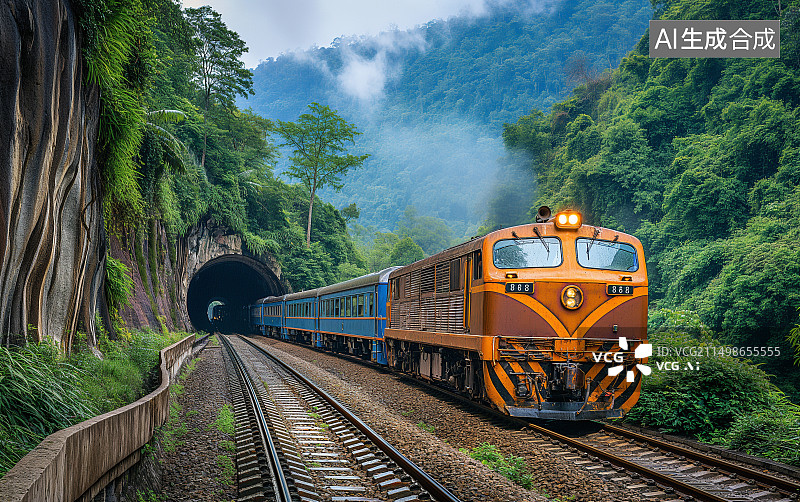 【AI数字艺术】行驶中的火车穿过隧道图片素材