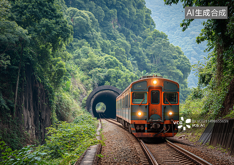 【AI数字艺术】行驶中的火车穿过隧道图片素材