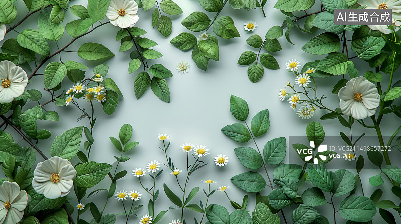 【AI数字艺术】植物绿叶排列平铺俯视图背景图片素材