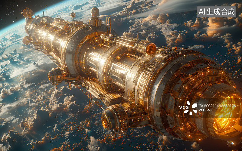 【AI数字艺术】宇宙空间中的金色宇宙飞船空间站科技科幻背景图片素材
