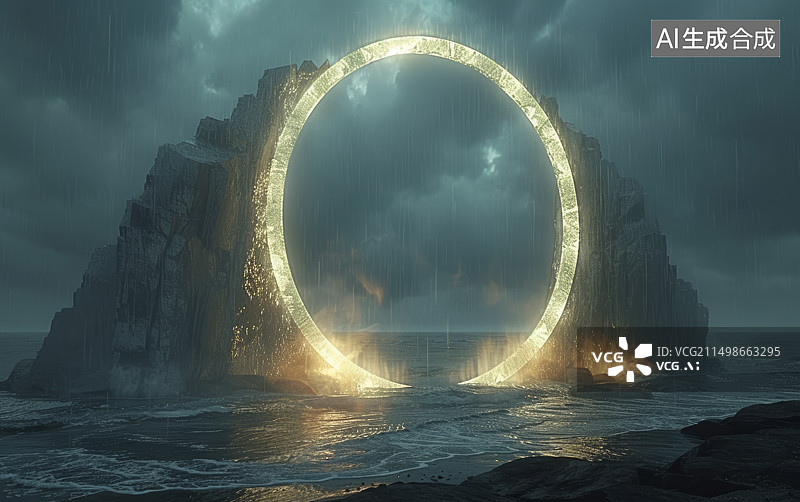 【AI数字艺术】阴雨天海边海面上的发光圆环入口科幻科技背景图片素材