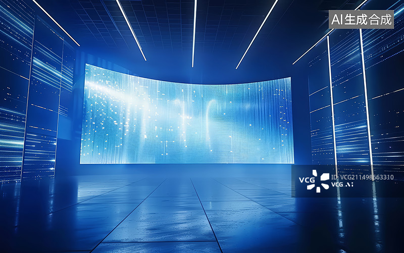 【AI数字艺术】蓝色室内人造空间演播厅大屏幕舞台背景图片素材