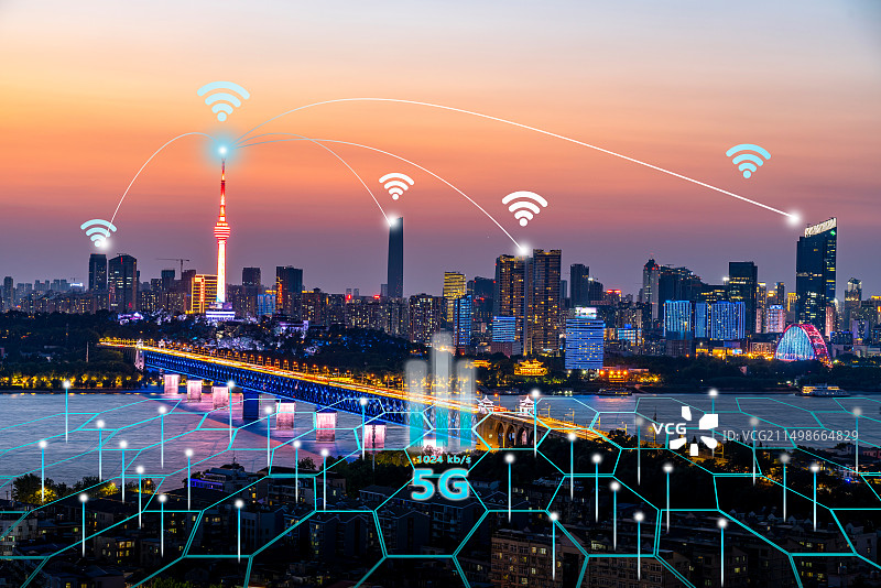 武汉长江大桥龟山电视塔现代科技感数字城市网络空间背景图片素材