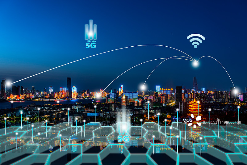 武汉黄鹤楼现代科技城市背景，网络空间大数据信息时代科技背景图片素材