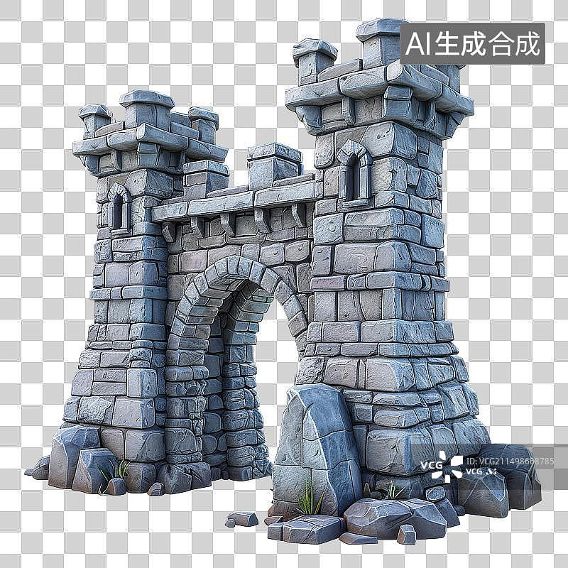 【AI数字艺术】[免抠PNG素材]一个有两座塔的石头城堡门楼图片素材