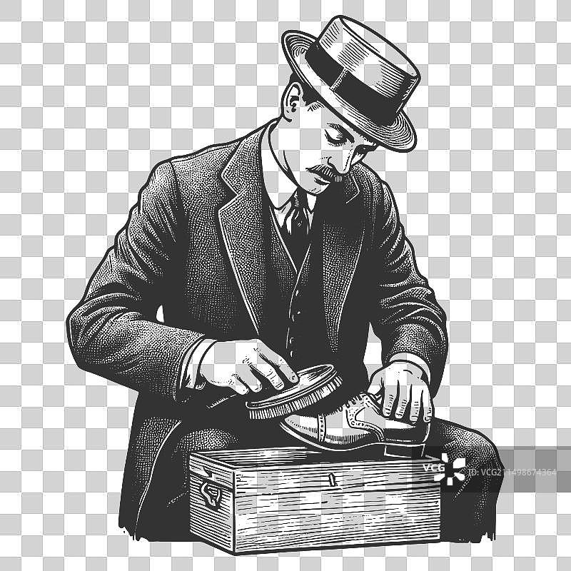 复古绅士擦鞋雕刻图片素材