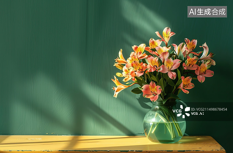 【AI数字艺术】靠墙桌上花瓶里的花朵特写镜头图片素材