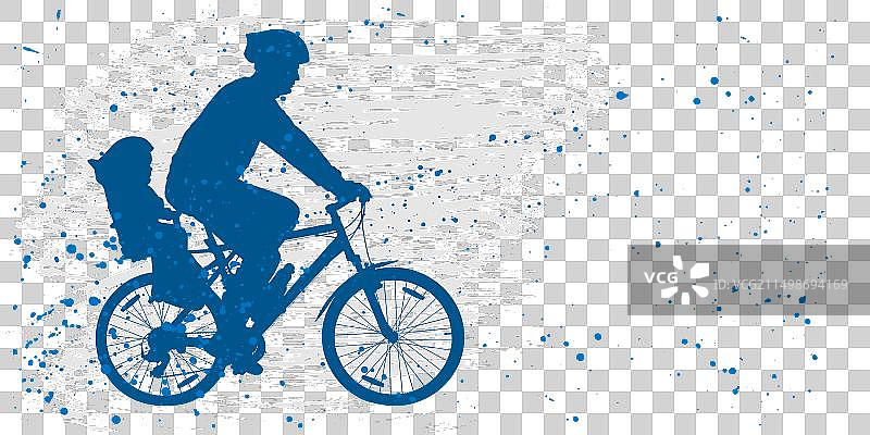 蓝色背景上骑自行车载小孩的男人图片素材