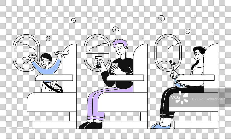 飞机内部乘客线性图片素材