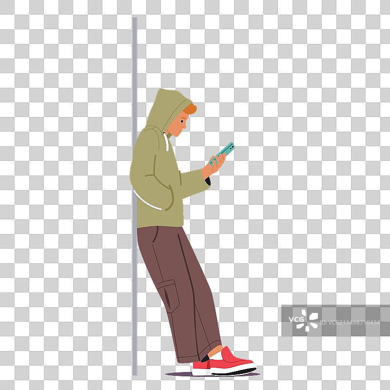 年轻男人靠在墙上，全神贯注图片素材