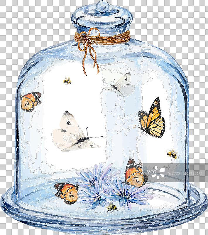 玻璃罩蝴蝶花水彩画图片素材