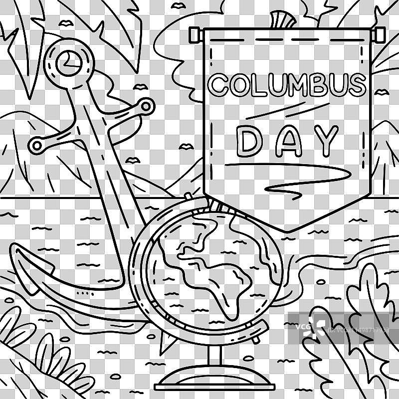 哥伦布日旗帜、锚和地球着色图片素材