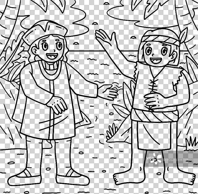 两个男人谈话的哥伦布日填色页图片素材