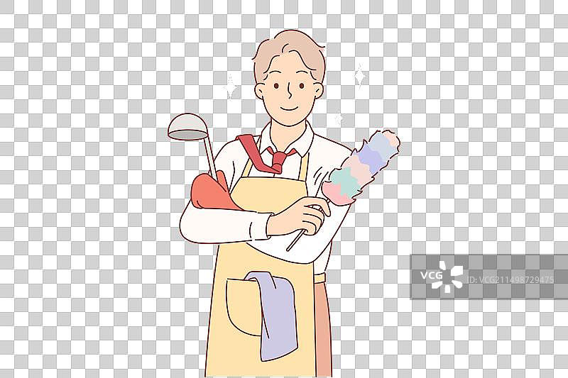 穿着家庭主妇围裙的商务男人在做家务图片素材