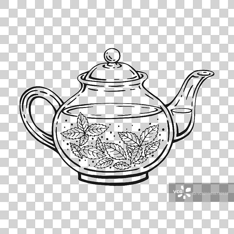 手绘薄荷茶茶壶轮廓图片素材