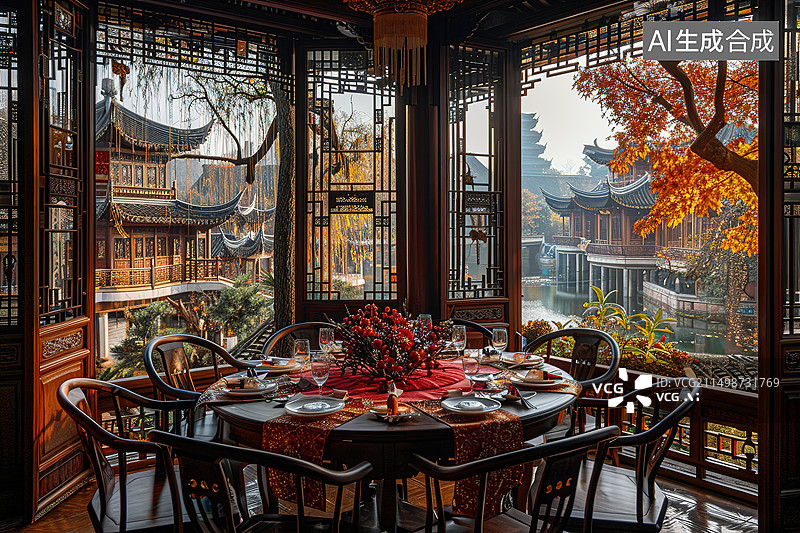 【AI数字艺术】中国传统中式庭院背景下的中国古典风格餐厅图片素材