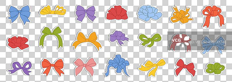 白色背景上的彩色丝带蝴蝶结贴纸套装图片素材