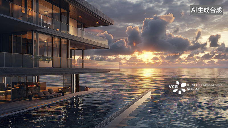 【AI数字艺术】水边海边酒店日出黄昏景色图片素材