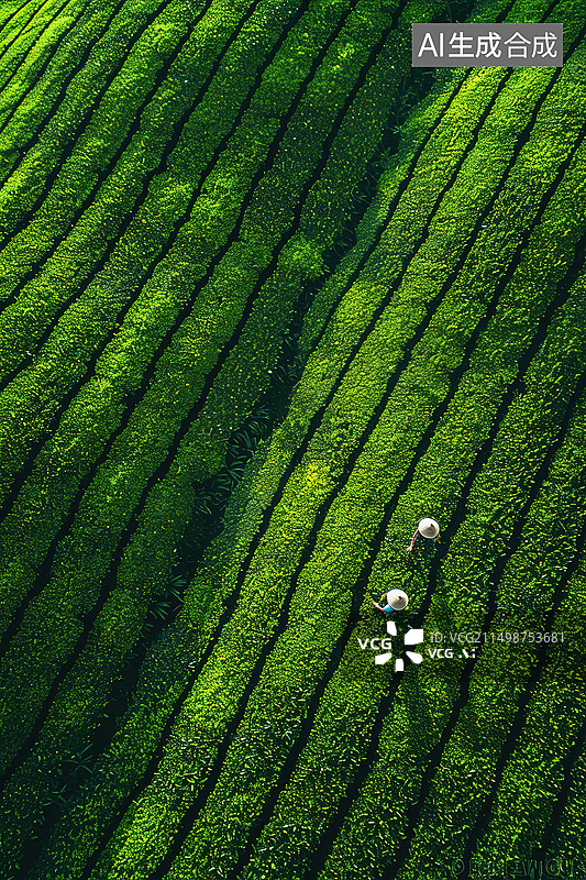 【AI数字艺术】茶园里采茶的农民高视角航拍图片素材