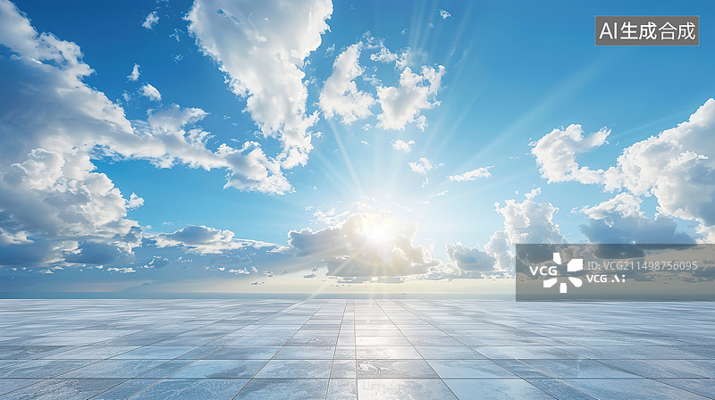 【AI数字艺术】蓝天白云下的空旷的水泥砖地广场图片素材