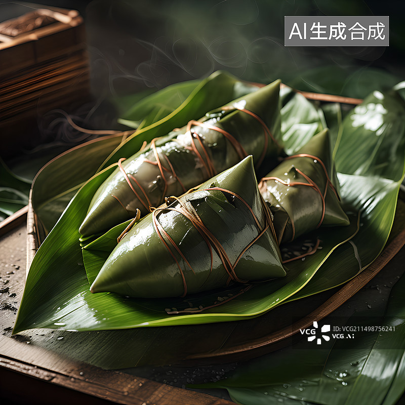 【AI数字艺术】放在叶子上的手工粽子新鲜的图片素材