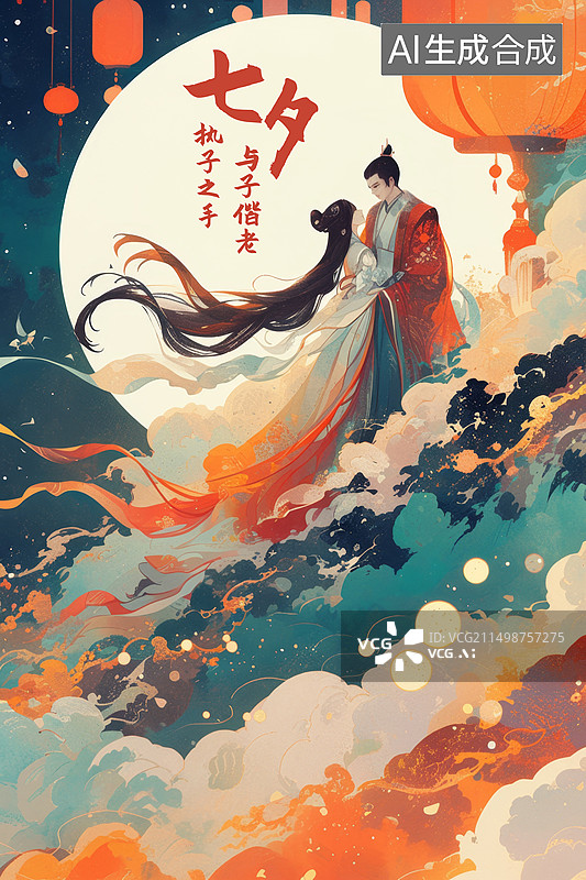【AI数字艺术】七夕情人节古风仙侠情侣海报图片素材