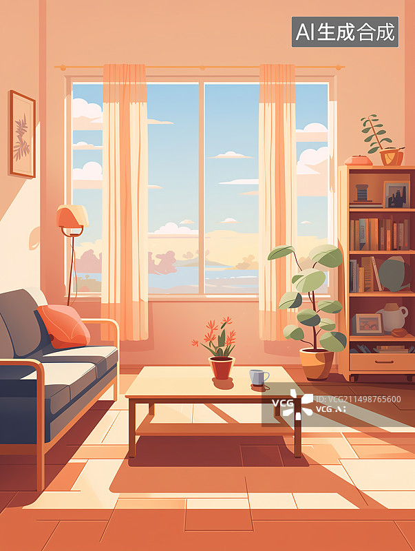 【AI数字艺术】阳光透过窗户照在客厅书房 温馨舒适图片素材